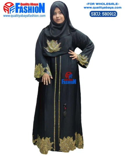 Black Abaya with Colorful Beaded Flower Design and Stone Work