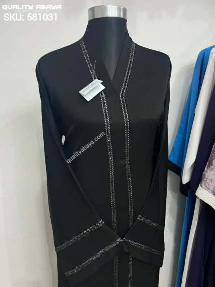 Black Front Open Abaya with Silver Embroidery