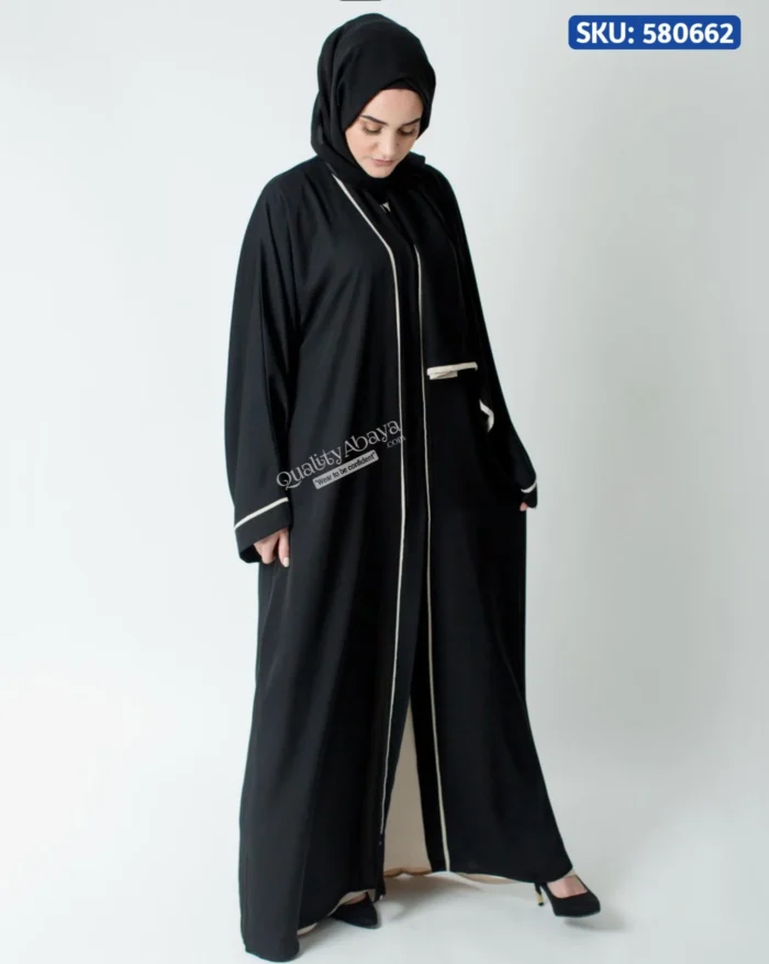 Elegant Black Abaya with Cream Piping for Stylish Women - Image 1
