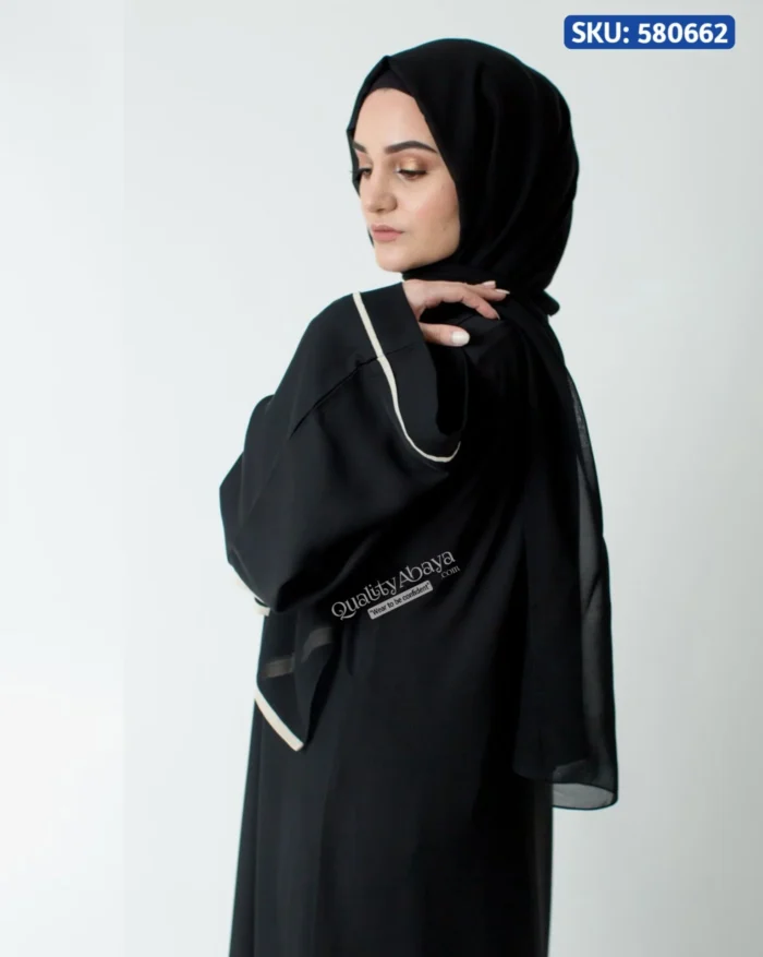 Elegant Black Abaya with Cream Piping for Stylish Women - Image 3