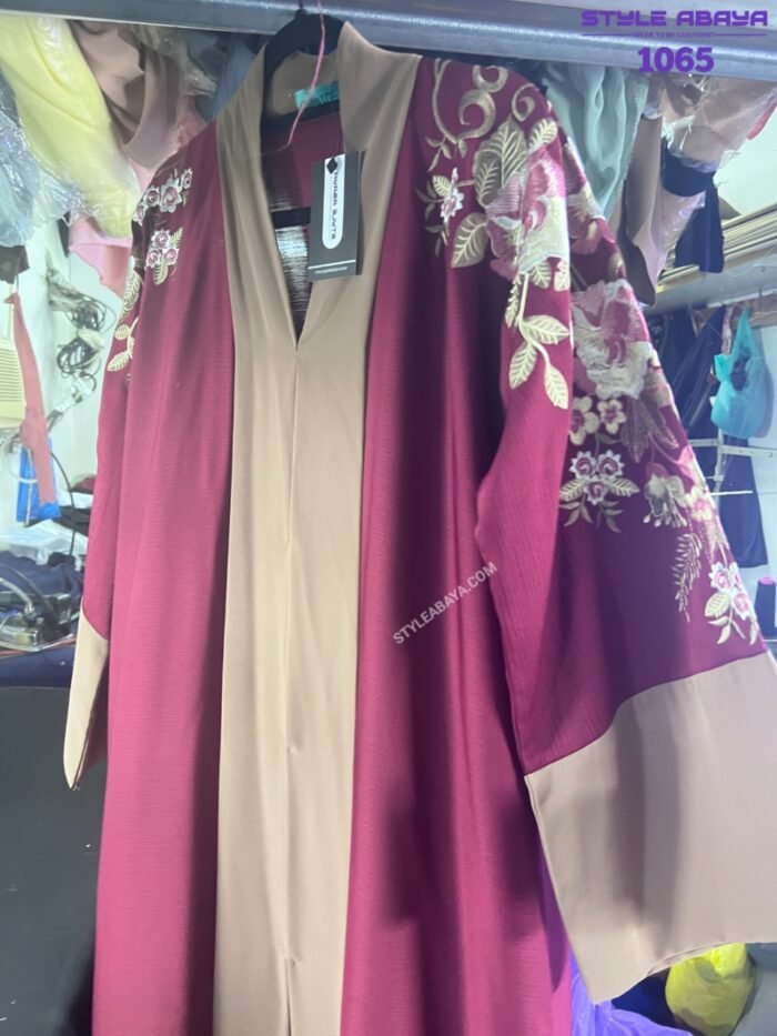 Maroon Front Open Abaya Borka with Beautiful Floral Embroidery - Image 3