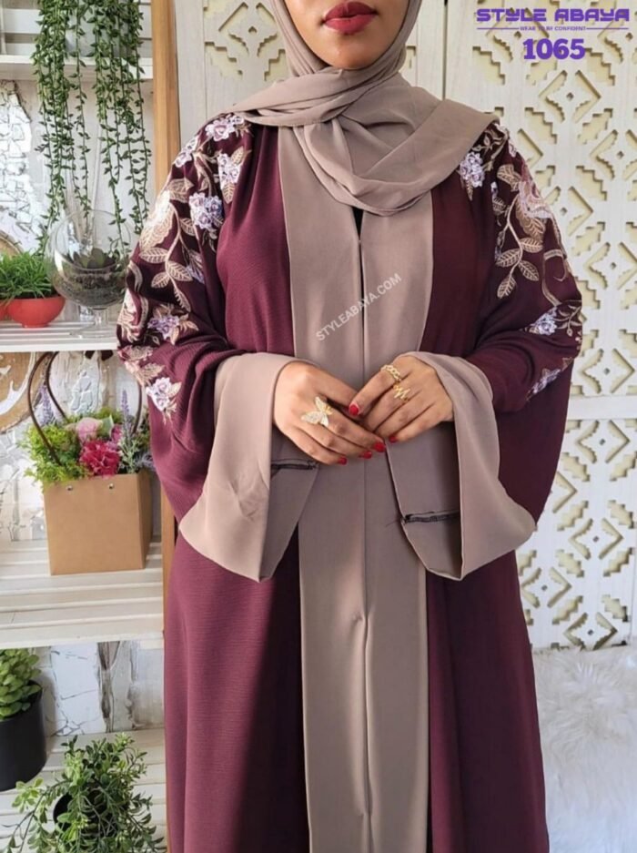 Maroon Front Open Abaya Borka with Beautiful Floral Embroidery - Image 2