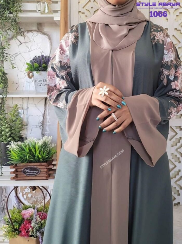 Stylish Green and Beige Abaya with Floral Embroidery - Image 2