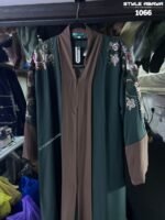 Stylish Green and Beige Abaya with Floral Embroidery - Image 3