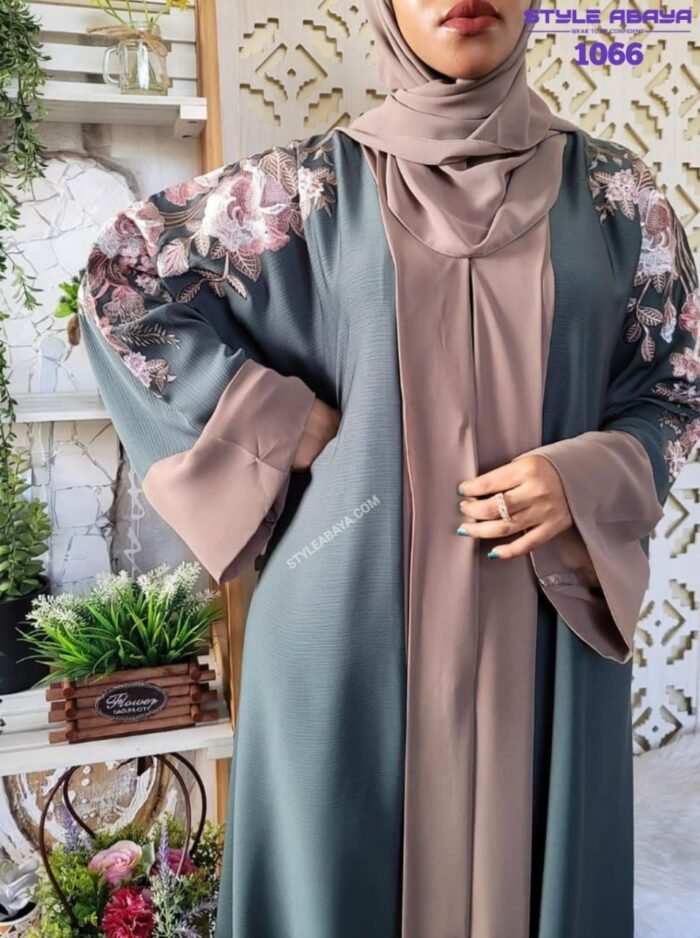 Stylish Green and Beige Abaya with Floral Embroidery - Image 1