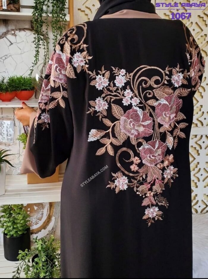Stylish Black Abaya with Rose Embroidery - Image 1