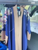 Navy Blue and Beige Abaya Borka with Floral Embroidery - Image 3