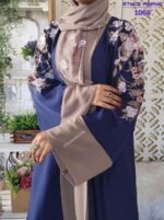 Navy Blue and Beige Abaya Borka with Floral Embroidery