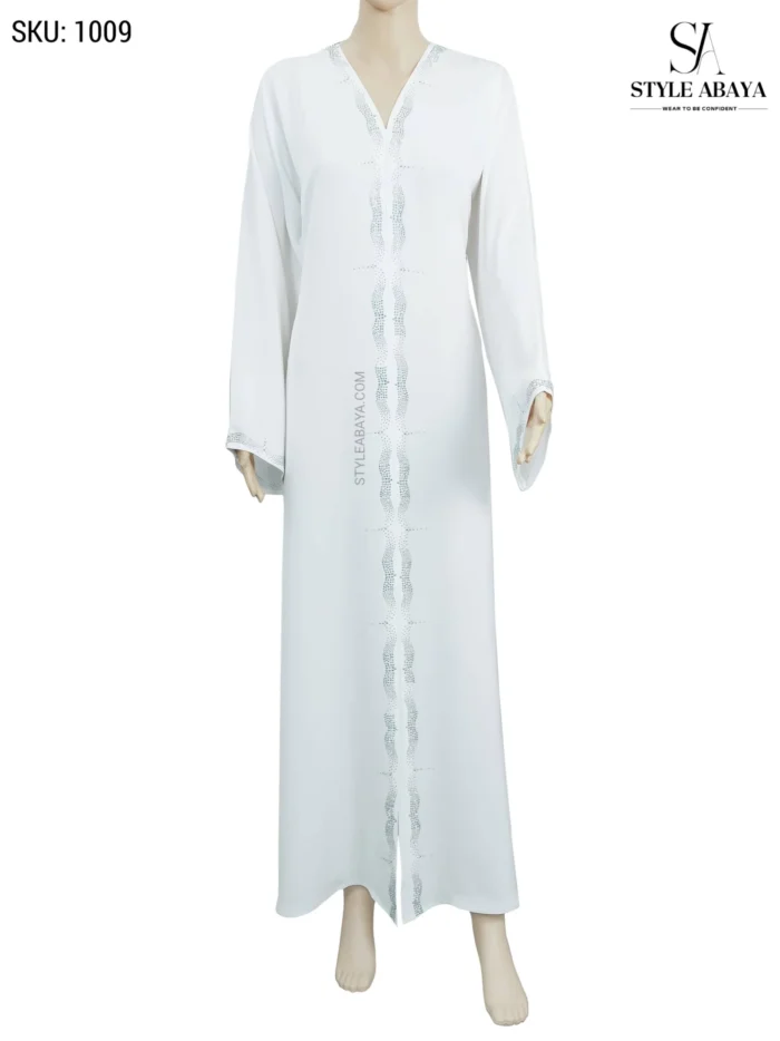 White Simple Abaya with Silver Embroidery and Stone Work - Image 1
