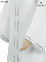 White Simple Abaya with Silver Embroidery and Stone Work - Image 3