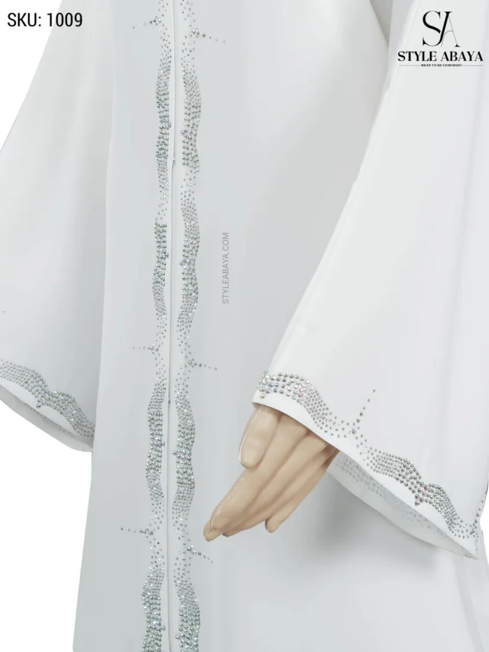 White Simple Abaya with Silver Embroidery and Stone Work - Image 3