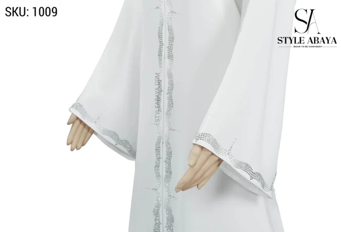 White Simple Abaya with Silver Embroidery and Stone Work - Image 4