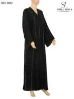 Modern Black Open Abaya with Silver Borders and Stone Work
