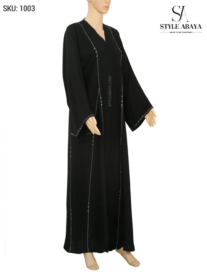 Modern Black Open Abaya with Silver Borders and Stone Work - Image 1