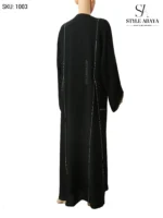 Modern Black Open Abaya with Silver Borders and Stone Work - Image 2