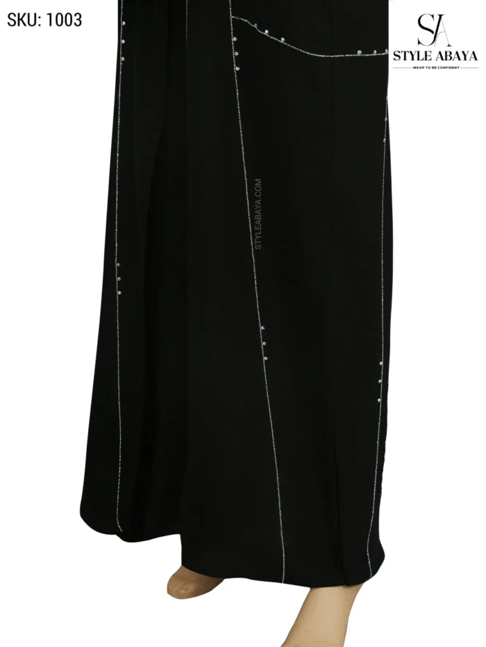 Modern Black Open Abaya with Silver Borders and Stone Work - Image 3
