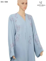 Light Blue Abaya with Pink Floral Accents & Crystal Stone Work