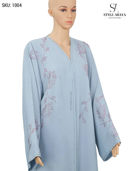 Light Blue Abaya with Pink Floral Accents & Crystal Stone Work