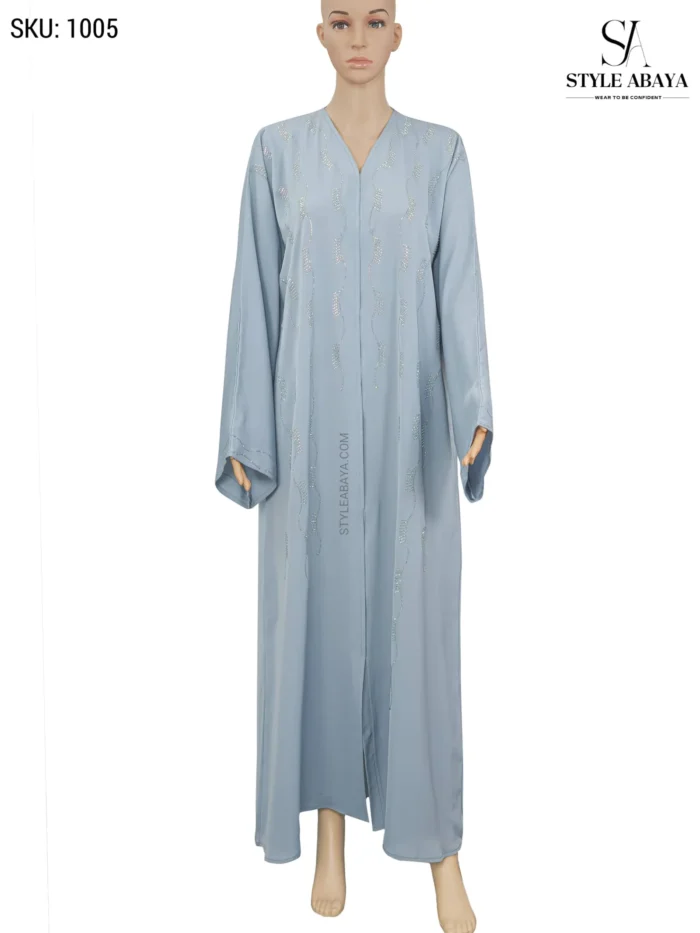 Light Blue Abaya with Silver Embellishments and Stone Work - Image 2
