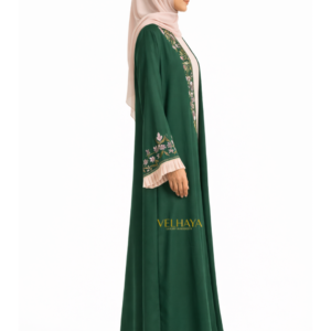 Green Embroidered Dubai Abaya – Floral Front Open Elegant Abaya