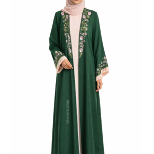 Green Embroidered Dubai Abaya – Floral Front Open Elegant Abaya